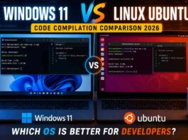 Split screen showing Windows 11 terminal and Linux Ubuntu terminal on developer laptops side by side
