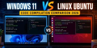 Split screen showing Windows 11 terminal and Linux Ubuntu terminal on developer laptops side by side