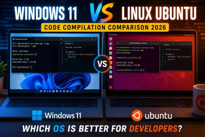 Split screen showing Windows 11 terminal and Linux Ubuntu terminal on developer laptops side by side