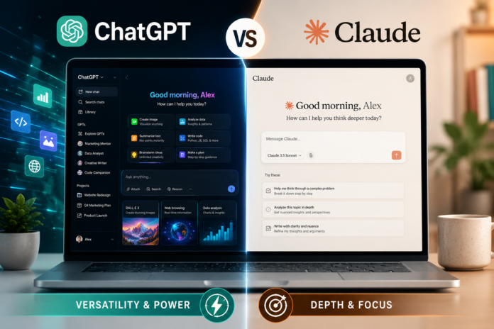 ChatGPT vs Claude AI comparison on laptop screen