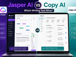 Jasper AI vs Copy AI comparison on laptop screen