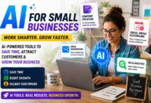 Small business owner using AI marketing tools on laptop