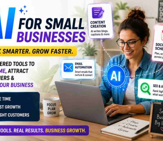Small business owner using AI marketing tools on laptop