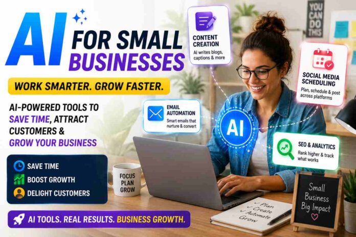 Small business owner using AI marketing tools on laptop